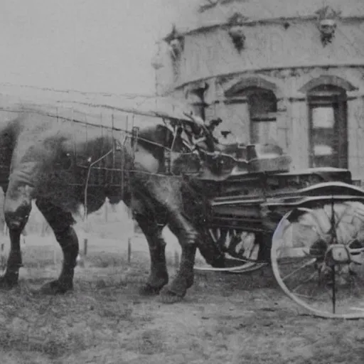 Prompt: grainy 1800s photo of a very large mechanical animal used to transport people