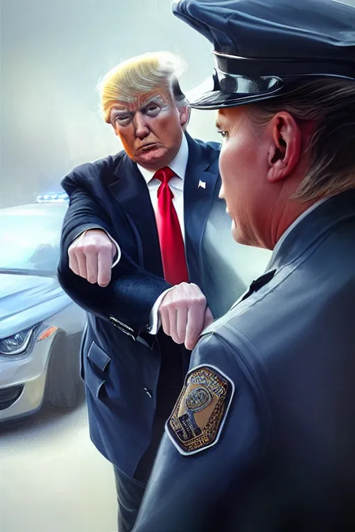 Image similar to donald trump being handcuffed in front of a police car, elegant, real life skin, intricate, high detailed, artstation, concept art, smooth, sharp focus, art by artgerm and greg rutkowski