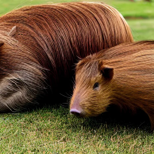 Prompt: two long haired capybara cuddle a pig