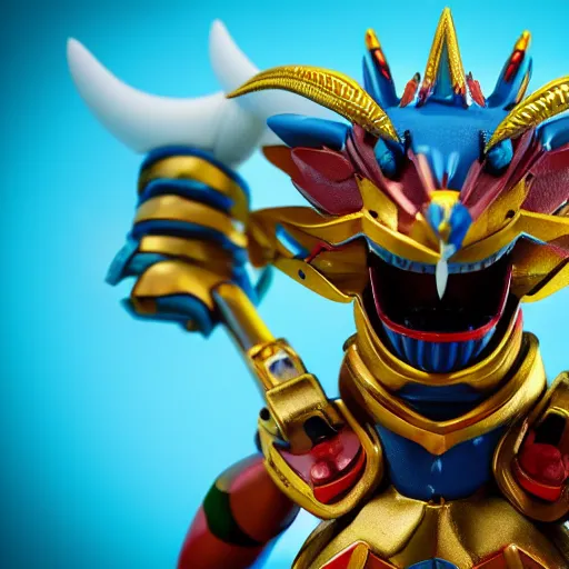 Prompt: close up 3 d toy garuda as funco toy, war cry, plastic, sss, octane 4 k render, studio lighting, artstation, cyan photographic backdrop, 1 0 5 mm, f 2. 8 aperture