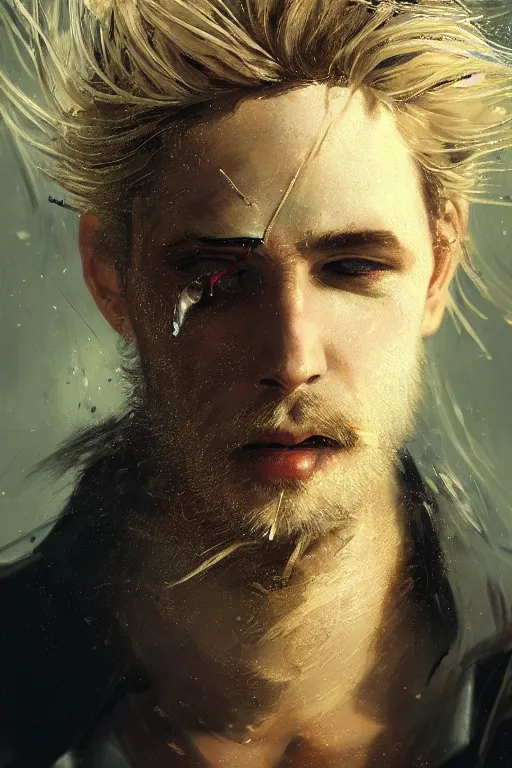 Image similar to blonde wild hair man with a little beard, one black eye - patch, close - up portrait, powerfull, intricate, elegant, volumetric lighting, scenery, digital painting, highly detailed, artstation, sharp focus, illustration, concept art, ruan jia, steve mccurry