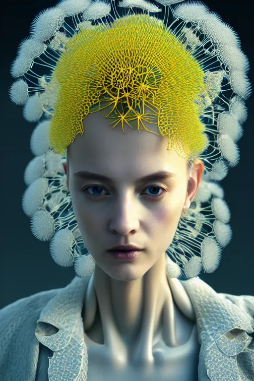 Image similar to intricate hyper detailed ultra sharp 3 d render of a beautiful porcelain cyberpunk women, unity of mood, large pore fungi embroidered, bright light, art nouveau, haute couture alexander mcqueen leaves stems dahlia transparent fractal dandelion yellow pistil filigree roots, octane render, volumetric cinematic lighting, 8 k post - production