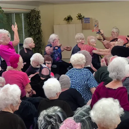 Prompt: mosh pit of elderly goth people at a nursing home