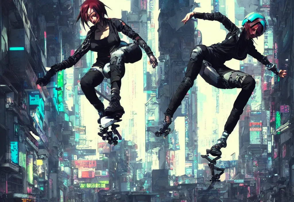 Prompt: hyper - realistic cyberpunk anime woman flip skateboard, sport, action tokyo street, extreme detail, good face, model, concept art, in style of yoji shinkawa, pan ren wei, col price, atey ghailan, by greg rutkowski, aesthetic