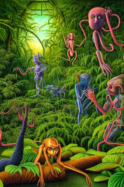 Image similar to a hyperrealistic painting of a tranquil evening at the botanical garden, creatures emerging from the thickets and bushes. cinematic horror by jimmy alonzo, the art of skinner, chris cunningham, lisa frank, richard corben, highly detailed, vivid color,