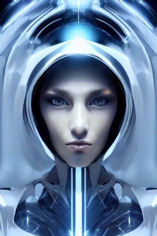 Image similar to beautiful cyborg priestess, scifi, perfect face, futuristic, elegant cape, aura of light, glow, concept art, sharp focus, inside a space ship, trending on artstation, hwang se - on, intricate, advanced technology, art by roman makarenko and simon almeida and marcos melco