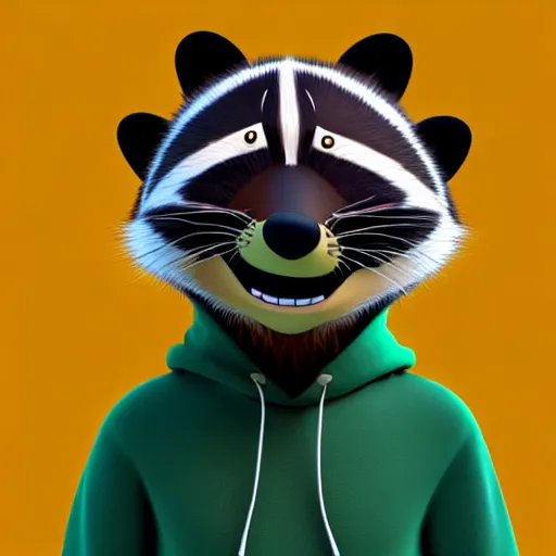 Prompt: a relaxed stoner with a black hoodie on with a marijuana themed dark green raccoon head from dr seuss, 3 d, blender 3 d, render, extremely detailed, 8 k, detailed fur