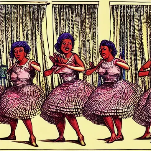 Prompt: dominicanas dancing, drawing by r crumb