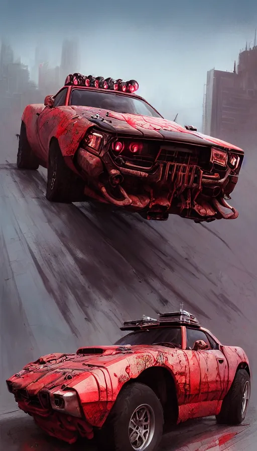 Image similar to road warrior, gemma chan girl, carmageddon, muscle cars, weapons, mad max, blood drive, made by stanley artgerm lau, wlop, rossdraws, james jean, andrei riabovitchev, marc simonetti, yoshitaka amano, beksinski artstation, cgsociety