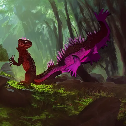 Image similar to concept art painting of an anthropomorphic bearded dragon anthro wearing magenta wizard robes, in the deep forest, realistic, detailed, cel shaded, in the style of makoto shinkai and greg rutkowski and james gurney