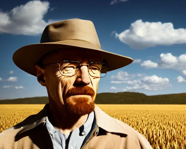 Prompt: walter white wearing a hat and gustavo fring facing each other in a wheat field, long shot, side view, 3 5 mm photograph, 8 k resolution, wide shot, sharp lens