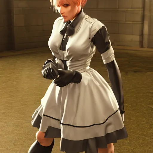 Prompt: Sundowner from metal gear in a maid dress, fully detailed, high quality , 4k , octane render , soft lightening , masterpiece