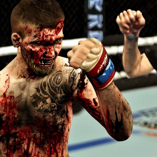 Prompt: action shot of a zombie ufc fighter punching his opponent in the octagon, 4 k, artstation, detailed