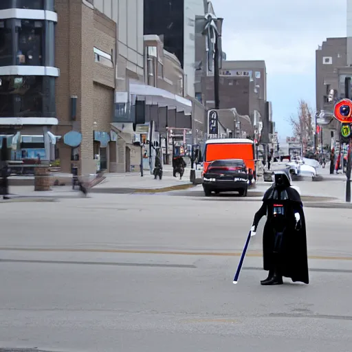 Image similar to darth vader waling on the streets of winnipeg