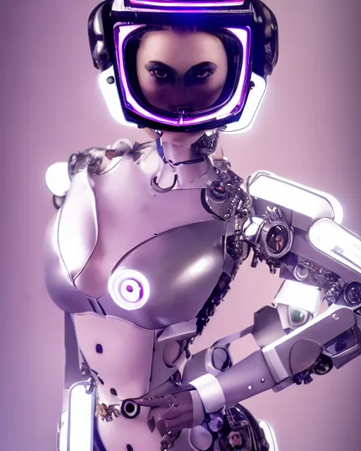 Prompt: centered portrait of flirtatious young sabrina salerno as a solarpunk mecha humanoid robotic parts wearing crystal goggles with bright led lights, real human face, pudica pose bouguereau style, in white room, ultra - realistic and intricate, soft portrait shot 8 k