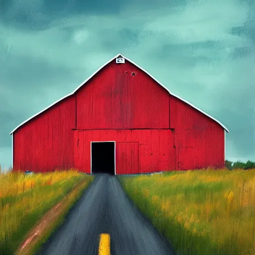Prompt: a giant red robot overlooking a barn by alena aenami