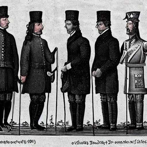 Image similar to historical figures walking in line in order of significance in history