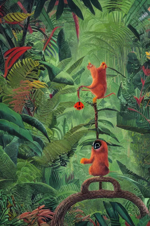 Image similar to rare bird in the jungle, hyper detailed, unreal engine render concept art, glitch, smudged paint, dark green, style of henri rousseau and richard scarry and hiroshi yoshida