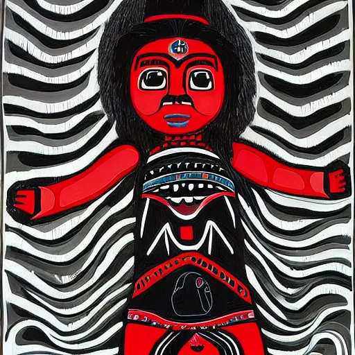 Image similar to a girl, north western indigenous art styles of belerose, desjarlais, robbie craig. girl running through a forest of totem poles, gray black white and red noir,