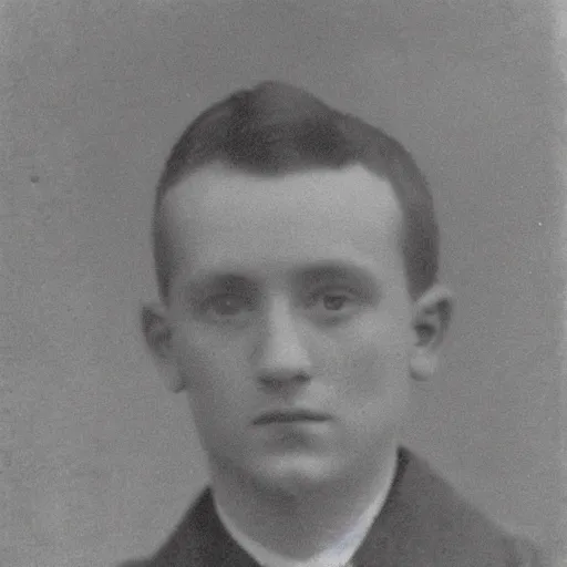 Image similar to A photo of a scottish 20 year old portrait photo infront of leaves filling the screen. Blue jacket wearing man with short hair and short facial hair. Looking directly towards camera this man with a triangular thin shape and thin nose is off center to the left of the frame.