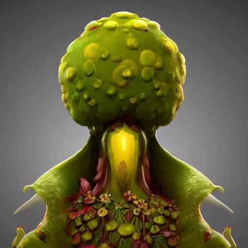 Prompt: character design portrait, of a flowery bulbous fungal non - humanoid alien shopkeeper, artstation, concept art, 3 d render,