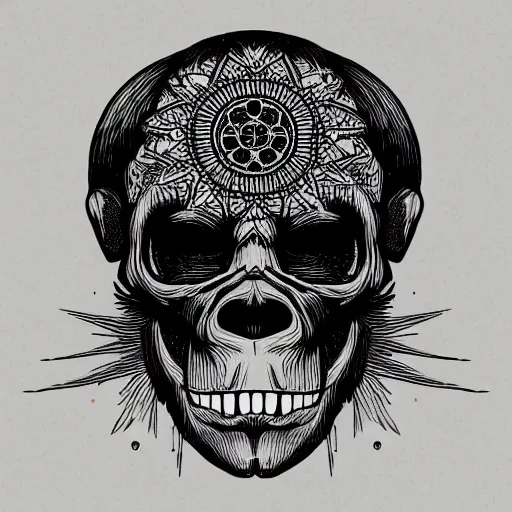 Image similar to a humanoid chimp skull hovering over a star pattern, 2 handguns are crossing in the middle of the picture ultra detailed, fine line pen drawing on parchment, symmetrical, stylish