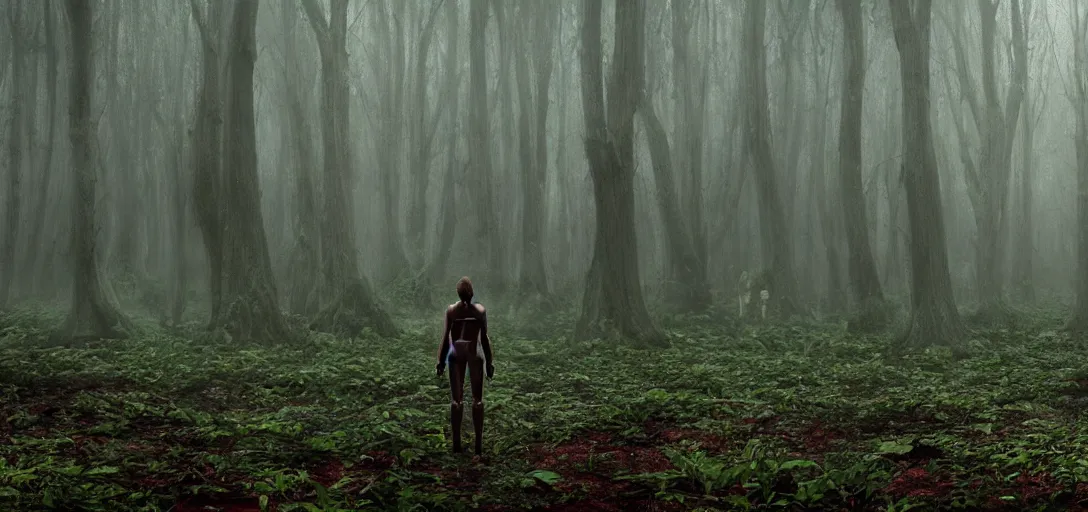 Image similar to a complex organic fractal 3 d metallic symbiotic ceramic humanoid megastructure creature in a swampy lush forest, foggy, cinematic shot, photo still from movie by denis villeneuve