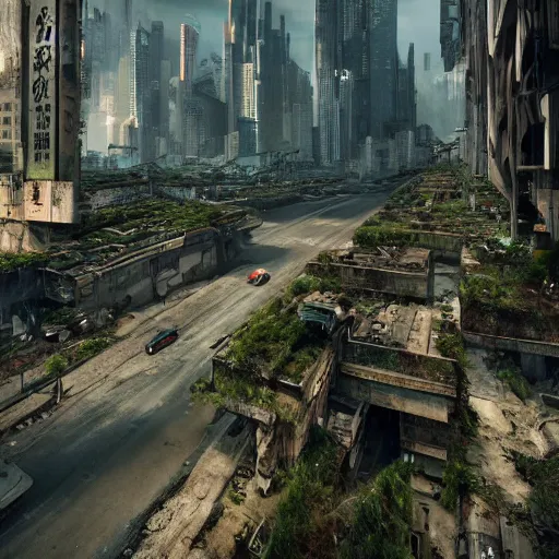 Image similar to beautiful nature reclaiming a dystopian city, cyberpunk, sharp focus, dynamic lights, still, photograph, hyper realistic, masterpiece, octane render, rendered, 3 d, cinematic, cinematic lighting, dramatic lighting, highly detailed, intricate details, texture, cinematic composition, by donglu yu and kevin jick and eddie del rio