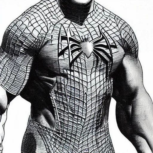 Image similar to dwayne johnson as spiderman in style of pen line drawing, very detailed