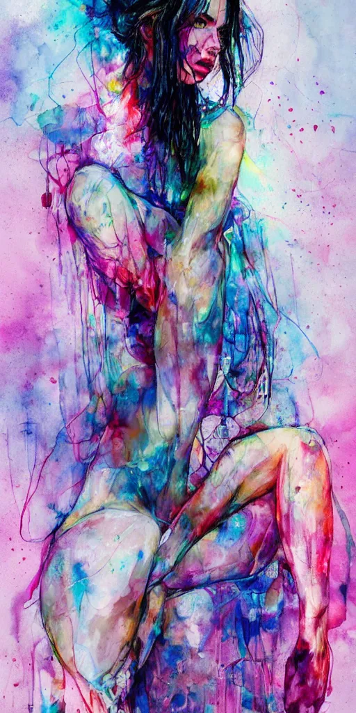 Image similar to adriana lima by agnes cecile enki bilal moebius, intricated details, sitting on a stool, full body portrait, extremely luminous bright design, pastel colours, drips, autumn lights