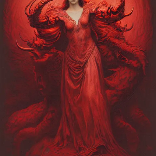 Image similar to a masterpiece! photographic portrait of a scarlet - colored beast with seven ( 7 ) heads and ten ( 1 0 ) horns by gustave dore and stephen hickman and allen williams, trending on artstation, cgsociety, 8 k hd, earthtone colors, a cloaked woman riding the back of the beast