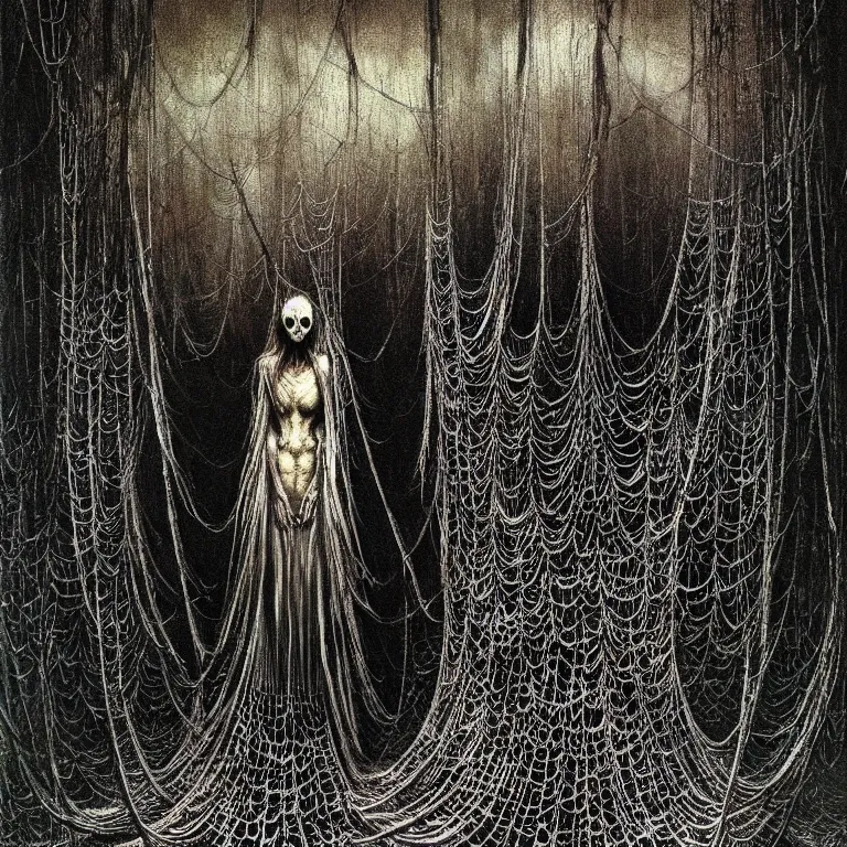 Image similar to a woman standing all covered in spiders. illustration of arachnophobia, fear of spiders, incredible number of spiders and bugs. extremely high details, spider paws, realistic, horror, creepy, web, masterpiece, art by zdzislaw beksinski, arthur rackham, dariusz zawadzki