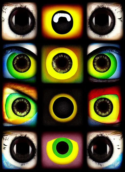 Image similar to grid montage of cube shaped eyes, square shaped black dilated pupils, cube shaped irises, detailed colored textures, square eyelashes, advanced art, art styles mix, from wikipedia, wet reflections in square eyes, sunshine light, hd macro photograph, from side, various eyelid positions, square black pupil centered