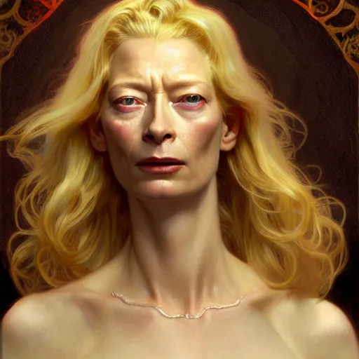 Image similar to young adult tilda swinton as lucifer morningstar, long blond hair, natural lighting, path traced, highly detailed, high quality, digital painting, by gaston bussiere, craig mullins, alphonse mucha j. c. leyendecker