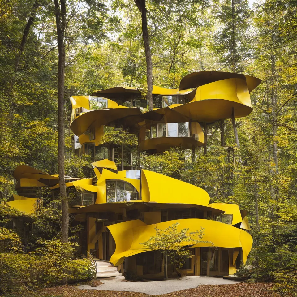 Prompt: architecture ad for a mid-century modern house in the middle of the forrest, designed by Frank Gehry. Film grain, cinematic, yellow hue