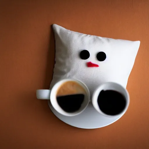 Prompt: white pillow creature with red button eyes holding a coffee cup