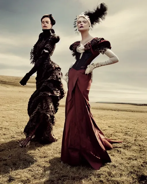 Prompt: fashion editorial of actress Margot Robbie wearing a beautiful Victorian era dress by Sandy Powell and her friend an anthropomorphic spotted hyena human hybrid model wearing Haider Ackerman, photographed in the style of Annie Leibovitz