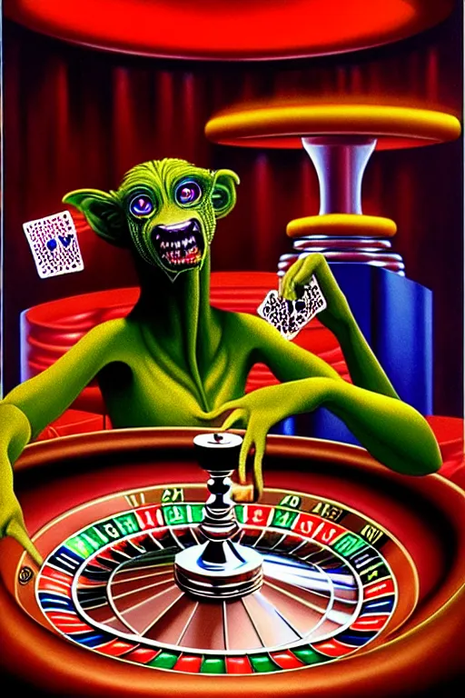 Image similar to a hyperrealistic painting of a chimeric creature playing roulette at the casino, cinematic horror by chris cunningham, lisa frank, richard corben, highly detailed, vivid color,