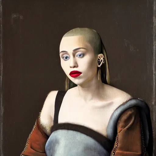 Image similar to portrait of Miley Cyrus, Johannes Vermeer, beautiful, high resolution,