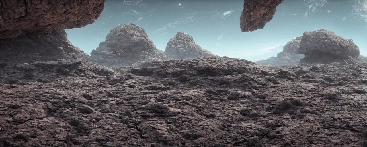Image similar to ” looking at eart - like planet from a rocky asteroid, [ cinematic, detailed, epic, widescreen, opening, establishing, mattepainting, photorealistic, realistic textures, octane render ] ”