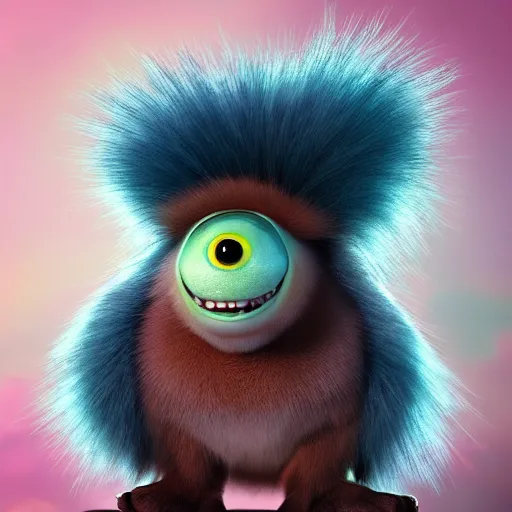 Image similar to a cute little baby monster with long fur, portrait, pixar style, extremely realistic photo, heaven background, cinematic lighting, award winning creature portrait photography