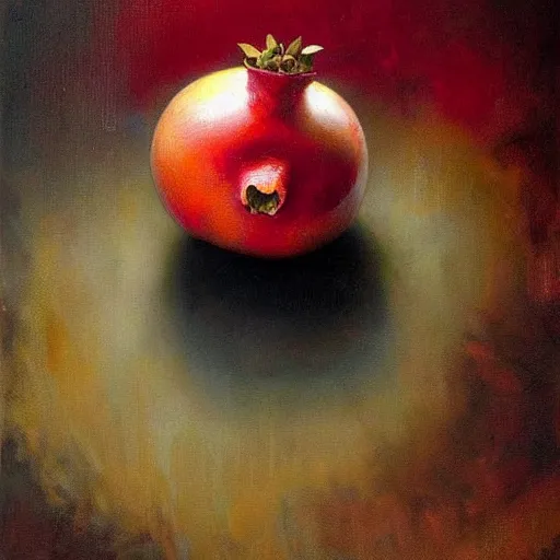 Prompt: an oil painting of a pomegranate by esao andrews. circa survive album cover art. dark. muted colors. gothic. oil painting with brush strokes. creepy.