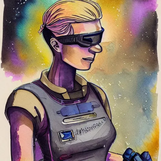 Prompt: detailed colorful watercolor of square - jawed emotionless serious blonde woman starship engineer, tribal tattoos, handsome, short slicked - back hair, sweating, uncomfortable and anxious, looking distracted and awkward, wearing victorian dark goggles, dirty white tank top, cargo pants, and gloves, small spacecraft in background, highly detailed, david mack, trending on artstation