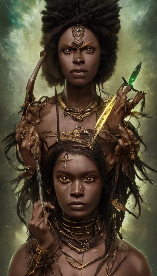 Prompt: epic masterpiece portrait of a dark skin sorceress with a magic wand, on the battlefield, african tribe makeup and jewelry, sweaty skin, hyperrealistic, octane render, cinematic, followed by heads with many faces, beautiful face and flawless skin, perfect hands, emeralds by Edgar Maxence and Ross Tran and Michael Whelan, Legends of Runeterra