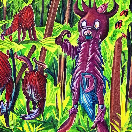 Prompt: : party in a forest in ghostshrimp style art