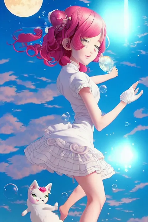 Image similar to bubbly lovely hopefully magical girl flying to the sun set with her kitty, occlusion shadow, specular reflection, rim light, unreal engine, artgerm, artstation, art by hiroaki samura and ilya kuvshinov and ossdraws, high quality, intricate detailed 8 k, fantasy illustration, extremely beautiful and aesthetic shape of face and body, movie poster