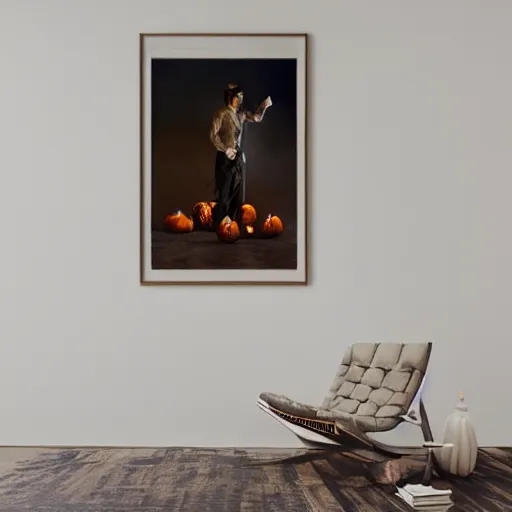 Image similar to epic masterpiece of cinematographic hyperrealism where a man dressed as a pumpkin appears, the background of the image is white. realistic shaded lighting poster by craig mallismo, artgerm, jeremy lipkin and michael garmash, unreal engine, radiant light, detailed and intricate environment, digital art, art station trends