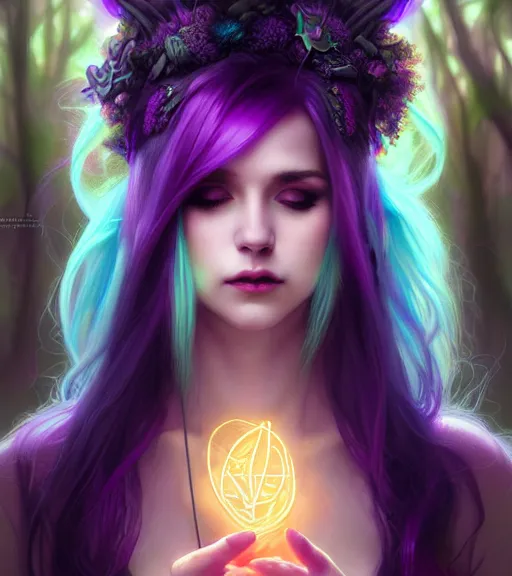 Image similar to stunningly beautiful female neon and purple hair, fantasy art, fae priestess, lush forest landscape, dark light night, goddess sharp focus, digital, painting, 8 k, concept art, art by wlop, artgerm, greg rutkowski and alphonse mucha