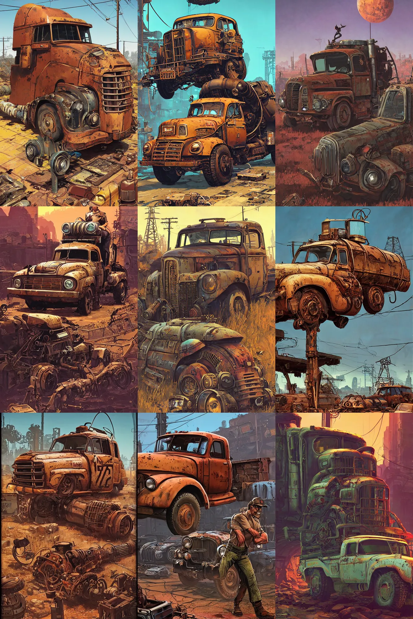 Prompt: hardmesh retro futurist post - apocalyptic steampunk fallout 7 6 rusty truck, hyper realistic, art gta 5 cover, official fanart behance hd artstation by jesper ejsing, by rhads, makoto shinkai and lois van baarle, ilya kuvshinov, ossdraws, feng zhu and loish and laurie greasley, victo ngai