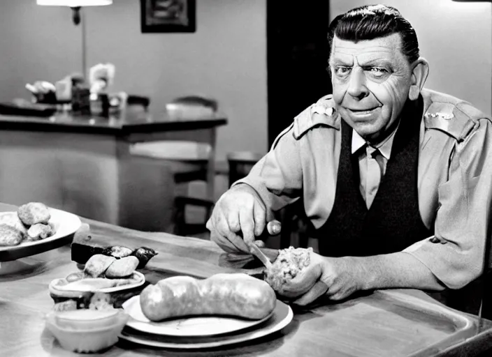 Prompt: photo still of andy griffith as matlock at shoneys!!!!!!!! at age 6 6 years old 6 6 years of age!!!!!!!! enjoying sausage, 8 k, 8 5 mm f 1. 8, studio lighting, rim light, right side key light